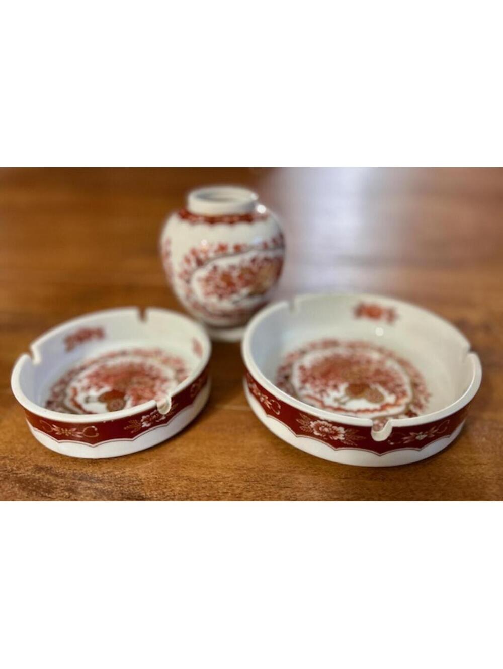 Vintage Porcelain Vase and Ashtray Set with Red Floral Design